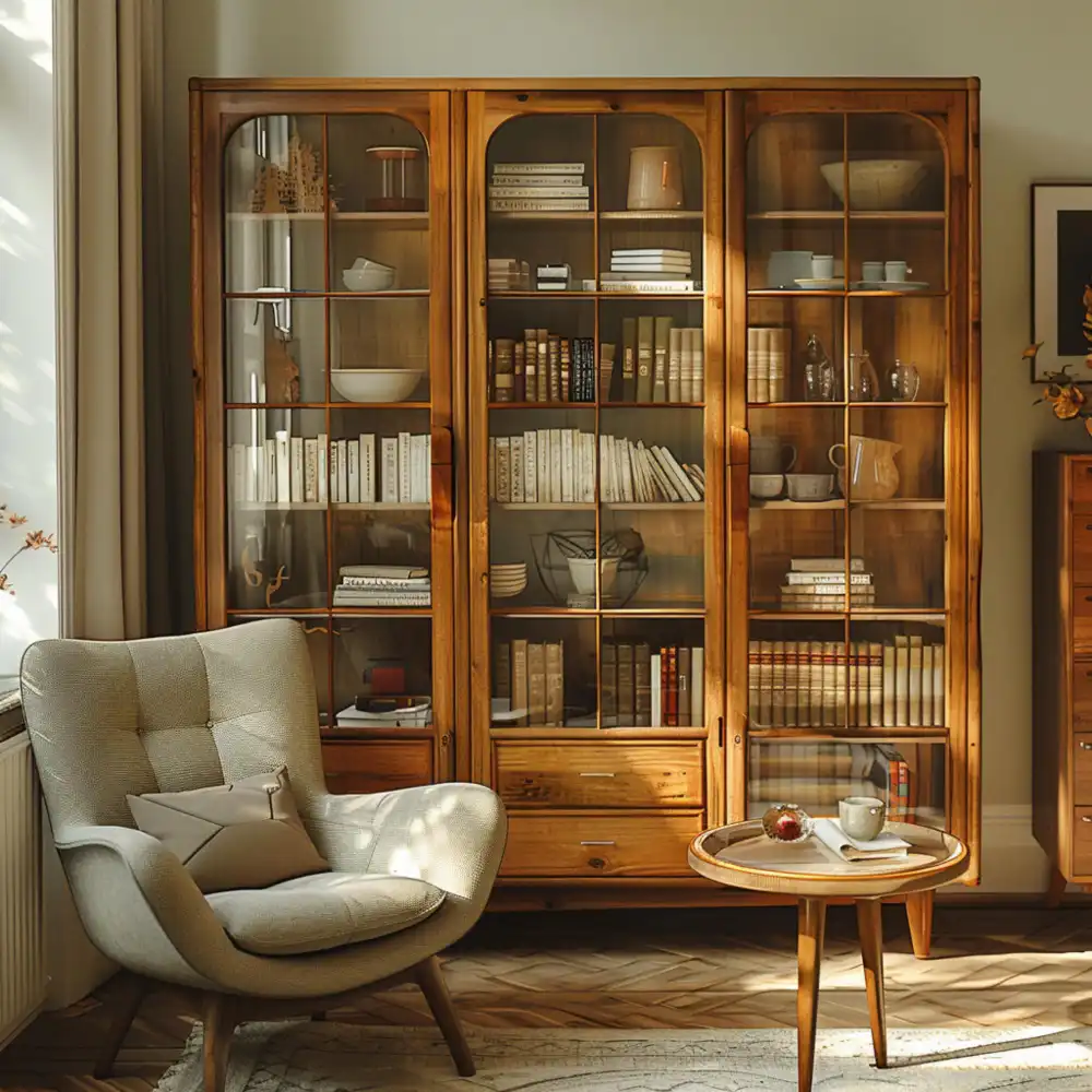 Vintage mismatched frame gallery wall with botanical prints above a reclaimed wood console in a country farmhouse living room