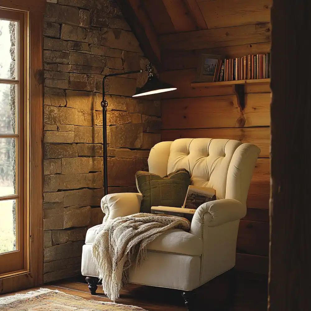Worn cognac leather armchair with a plaid throw beside a cream linen sofa in a country farmhouse living room corner