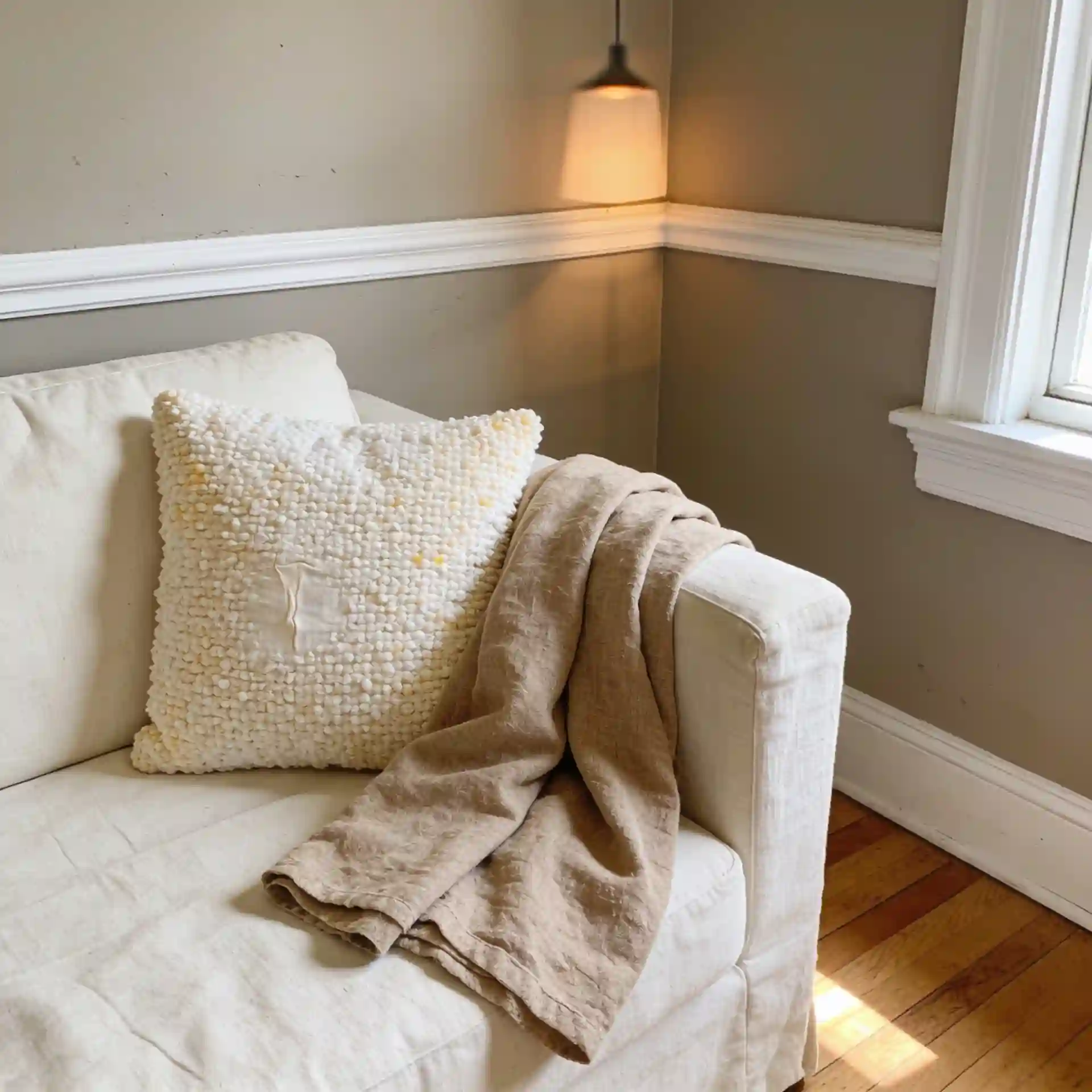 Corner detail of a modern farmhouse living room showing warm greige wall meeting white trim with boucle throw and linen cushion