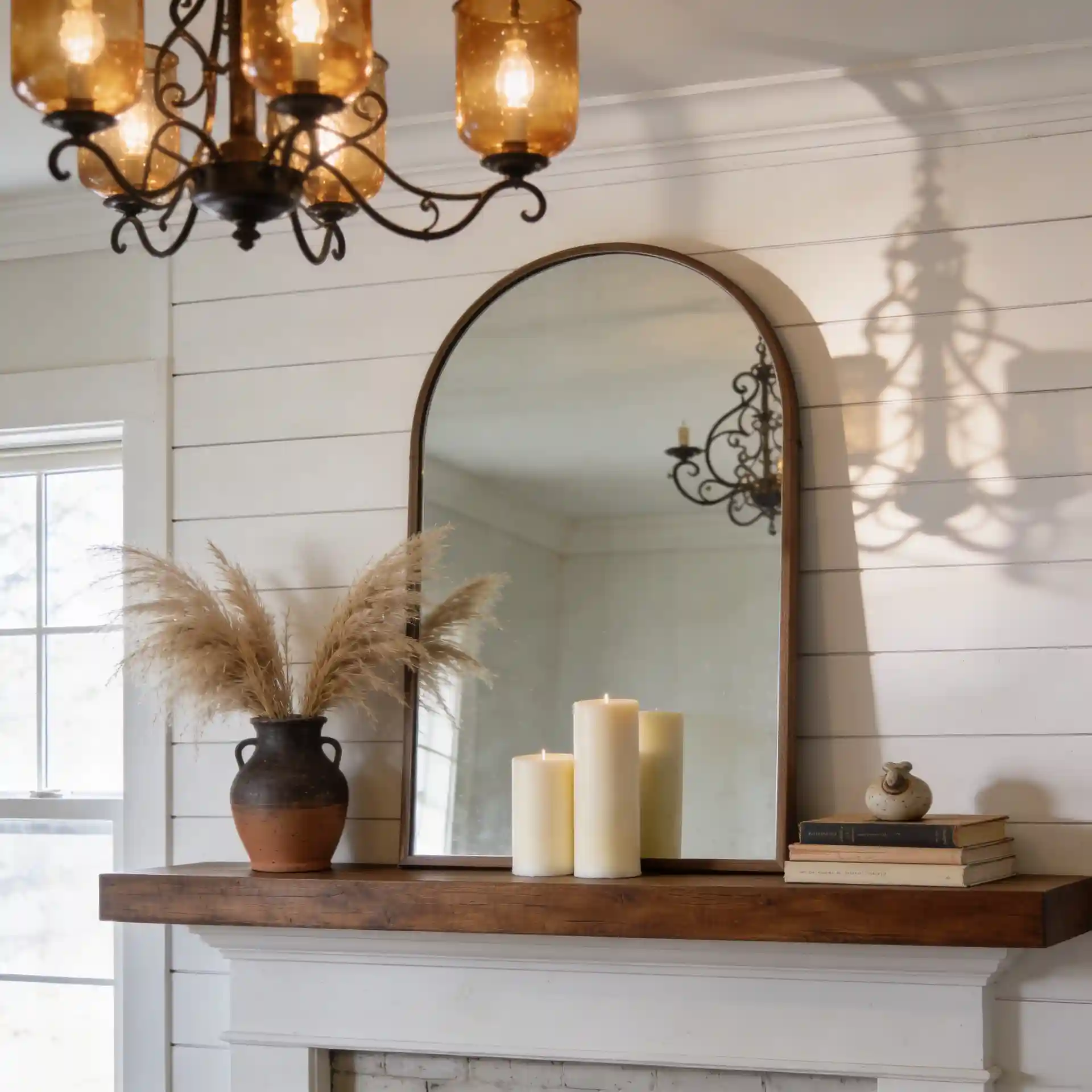 Farmhouse living room mantel with arched mirror, dried botanicals, candles at varying heights, and wrought iron chandelier above