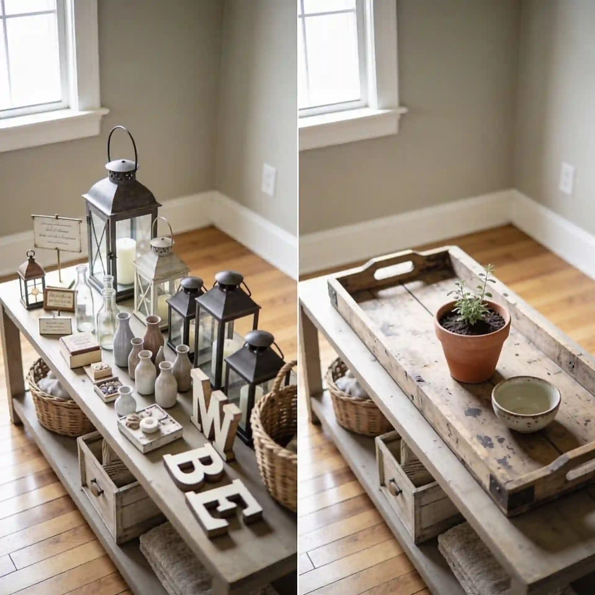 Before and after comparison of an over-accessorized farmhouse shelf versus a clean edited surface with terracotta and wood objects