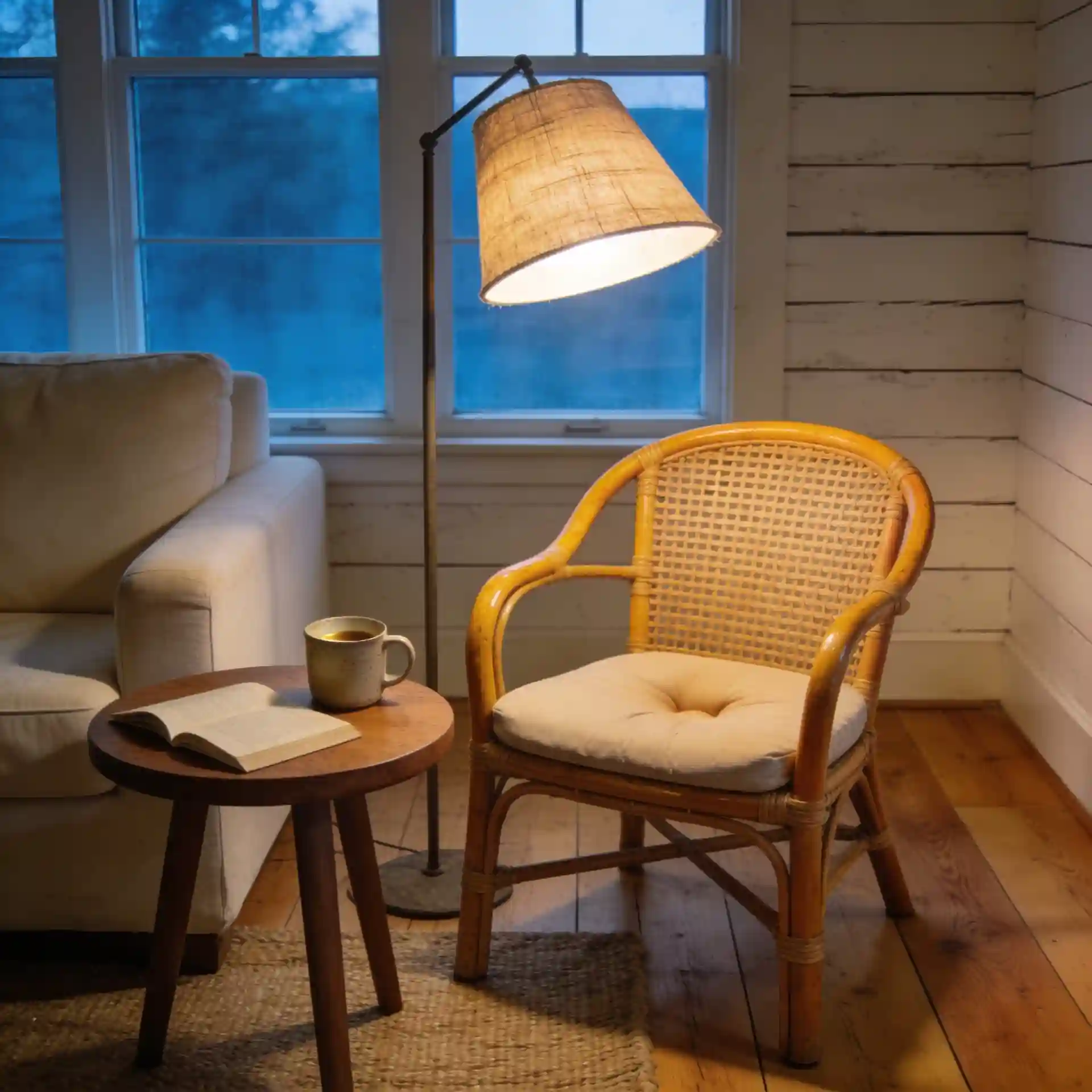 Natural rattan armchair beside a cream slipcovered sofa with layered linen and knit throw pillows in a farmhouse living room