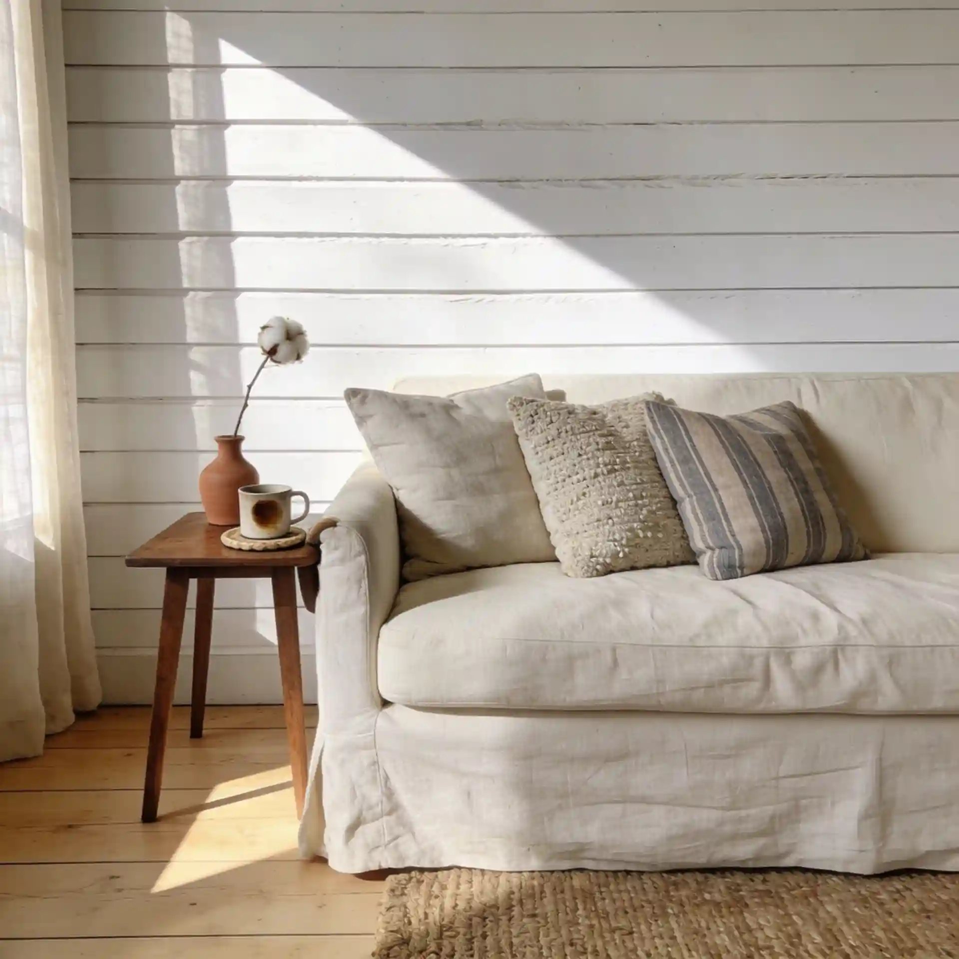 Wide-plank white oak floor and white shiplap wall in a farmhouse living room with cream linen sofa and jute area rug
