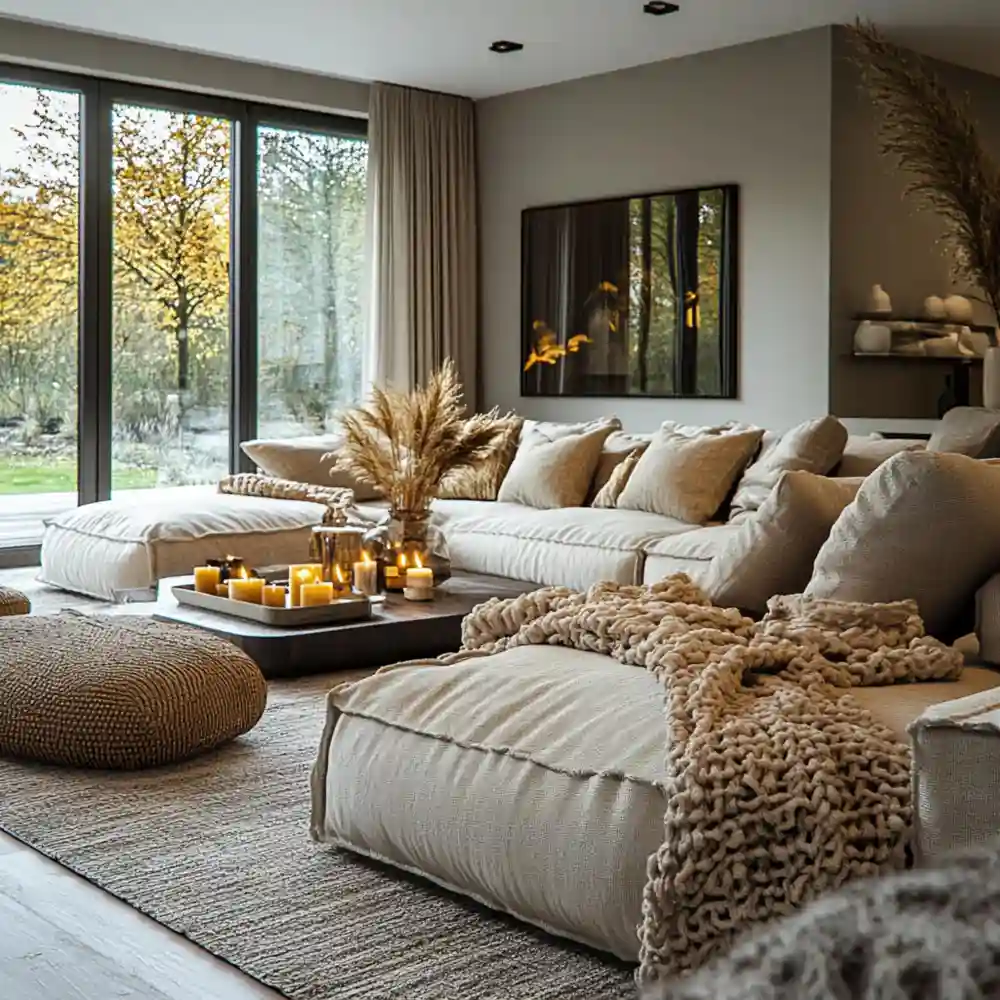 Cream linen sofa against a white shiplap wall with a rust-orange plaid throw and galvanized metal lantern in a country farmhouse living room