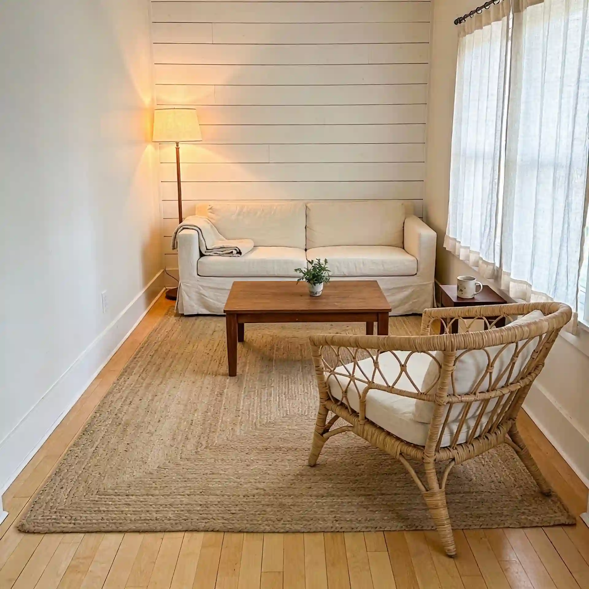 Small farmhouse living room layout with linen sofa, rattan chair, and 8x10 jute rug showing clear perimeter floor space