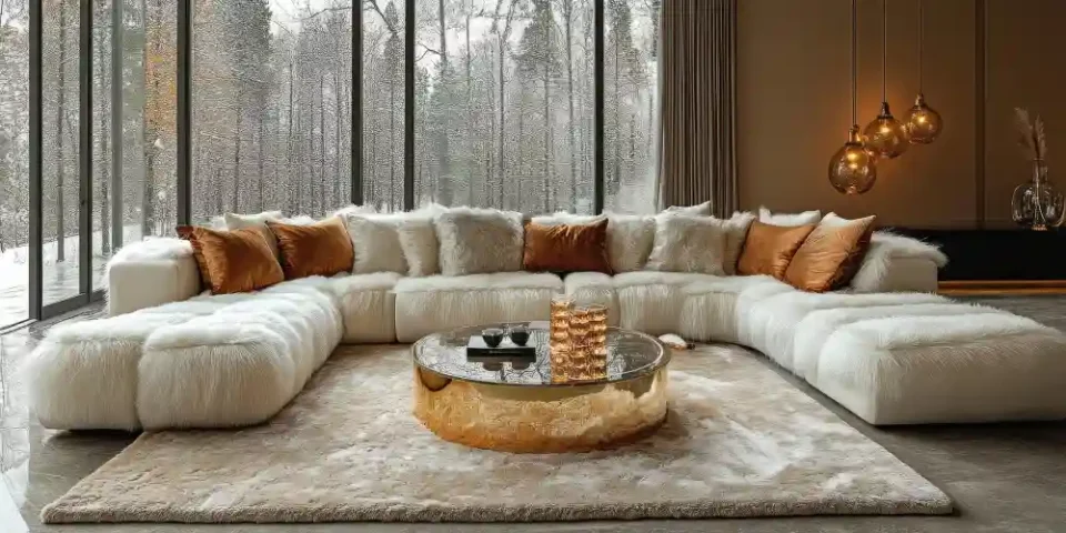 Contemporary living room with cream boucle sofa, warm greige walls, brushed brass floor lamp, and jute rug