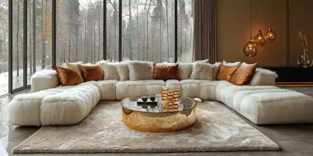 Contemporary living room with cream boucle sofa, warm greige walls, brushed brass floor lamp, and jute rug