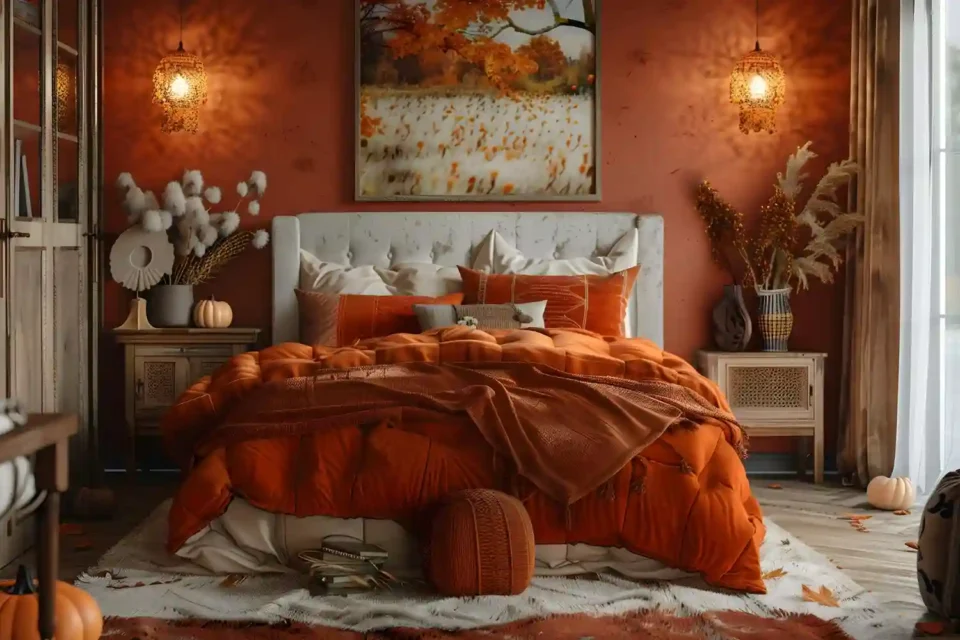 Warm fall bedroom with layered oatmeal linen duvet, chunky mushroom knit throw, and terracotta pillow covers in amber lamplight