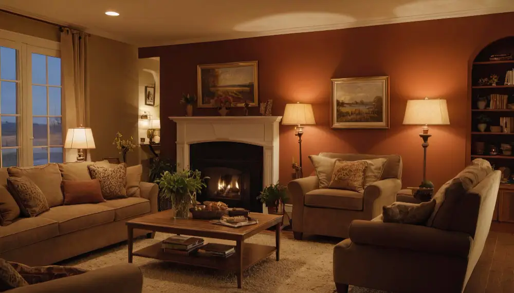 Warm living room at dusk with arc floor lamp, linen table lamp, and dimmed pendant creating a layered cozy glow