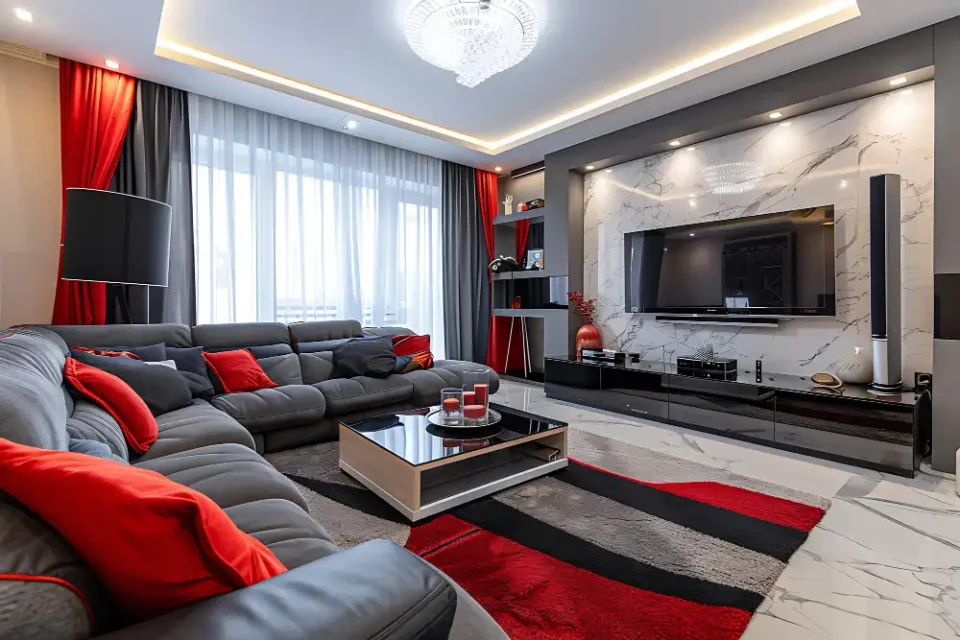 Modern living room with deep charcoal velvet sofa, travertine coffee table, and brushed brass floor lamp