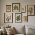 Calming living room wall with framed pressed ferns and botanical prints in warm oak frames