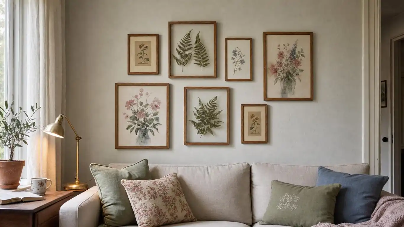 Calming living room wall with framed pressed ferns and botanical prints in warm oak frames