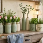 Shelf of upcycled spring decor with painted mason jars, tin can planters, and fabric bunting