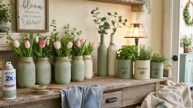 Shelf of upcycled spring decor with painted mason jars, tin can planters, and fabric bunting