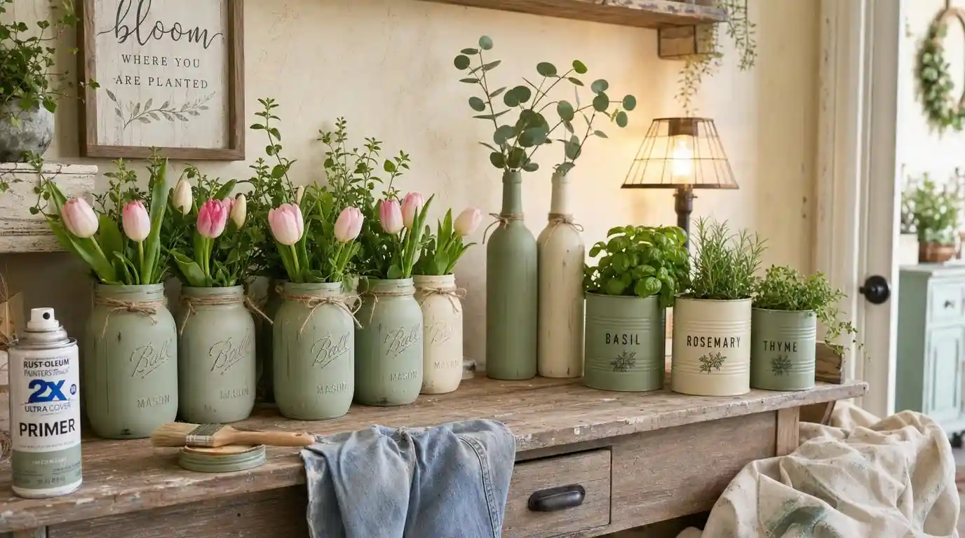 Shelf of upcycled spring decor with painted mason jars, tin can planters, and fabric bunting