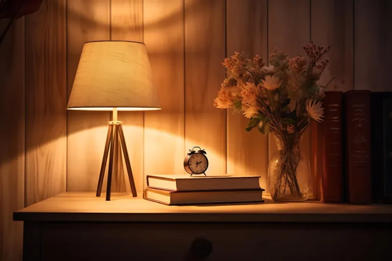 Styled wood nightstand beside a bed with a warm-toned lamp, stacked books, small tray, and a single green stem