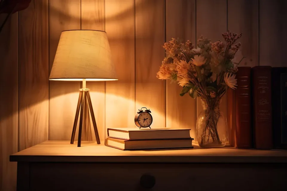 Styled wood nightstand beside a bed with a warm-toned lamp, stacked books, small tray, and a single green stem