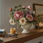 Everlasting felt flower arrangement in a ceramic vase styled on a wood mantel in warm daylight