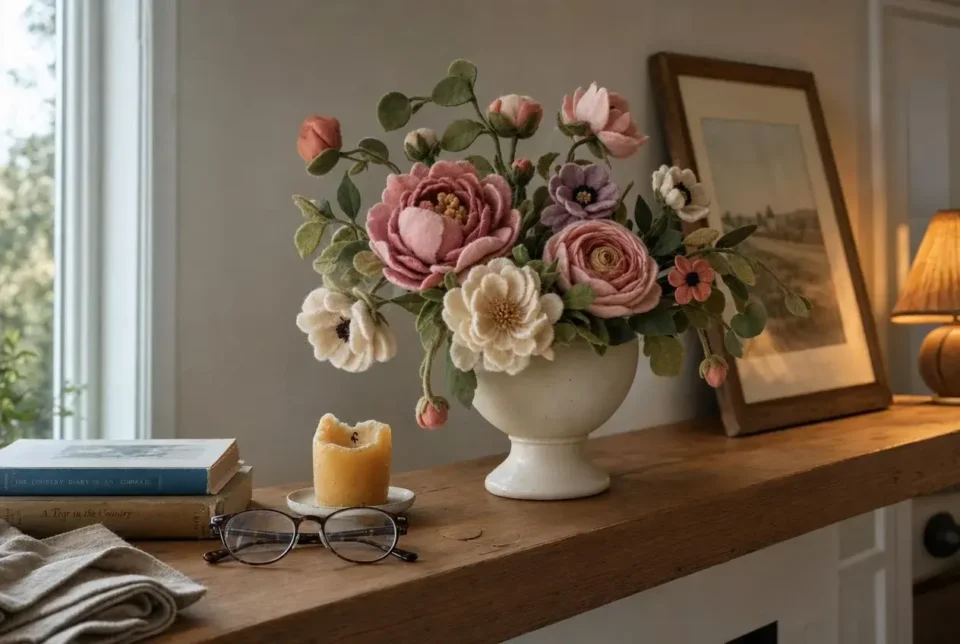 Everlasting felt flower arrangement in a ceramic vase styled on a wood mantel in warm daylight