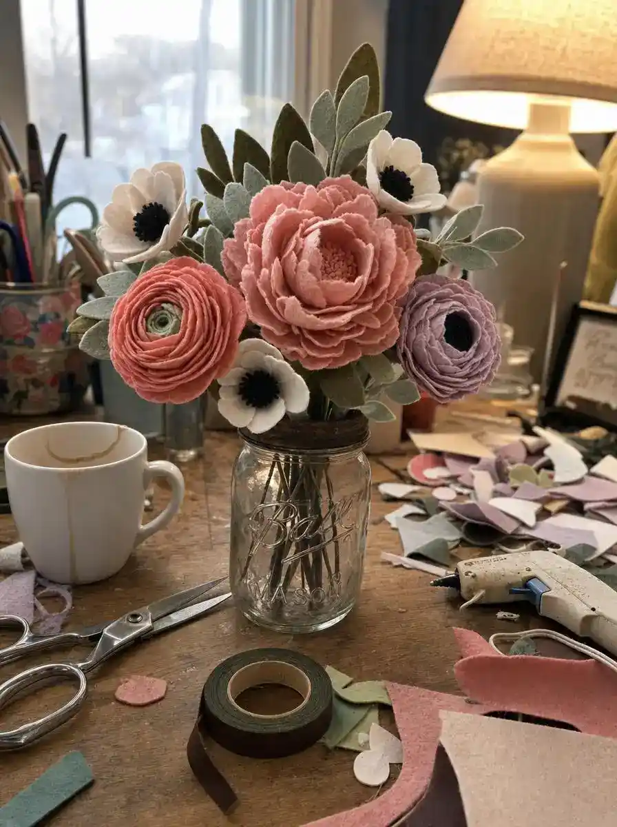 Wool-blend felt flower bouquet being assembled on a craft table with scissors, wire, and glue gun