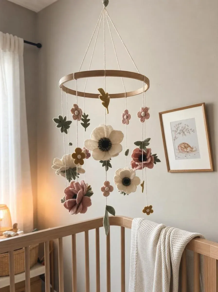 Felt flower mobile with soft anemones hanging securely above a crib, well out of baby's reach