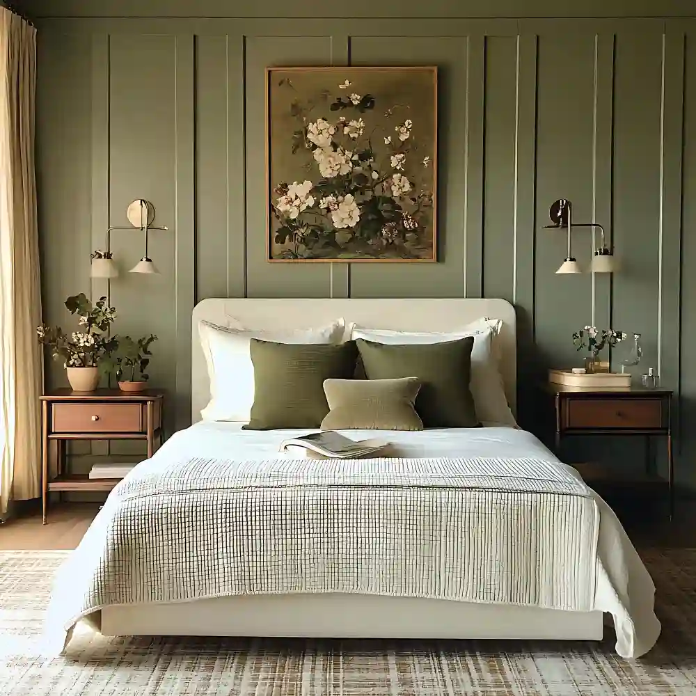 Soft feminine bedroom with blush and sage tones, curved headboard, velvet pillow, and brass hardware