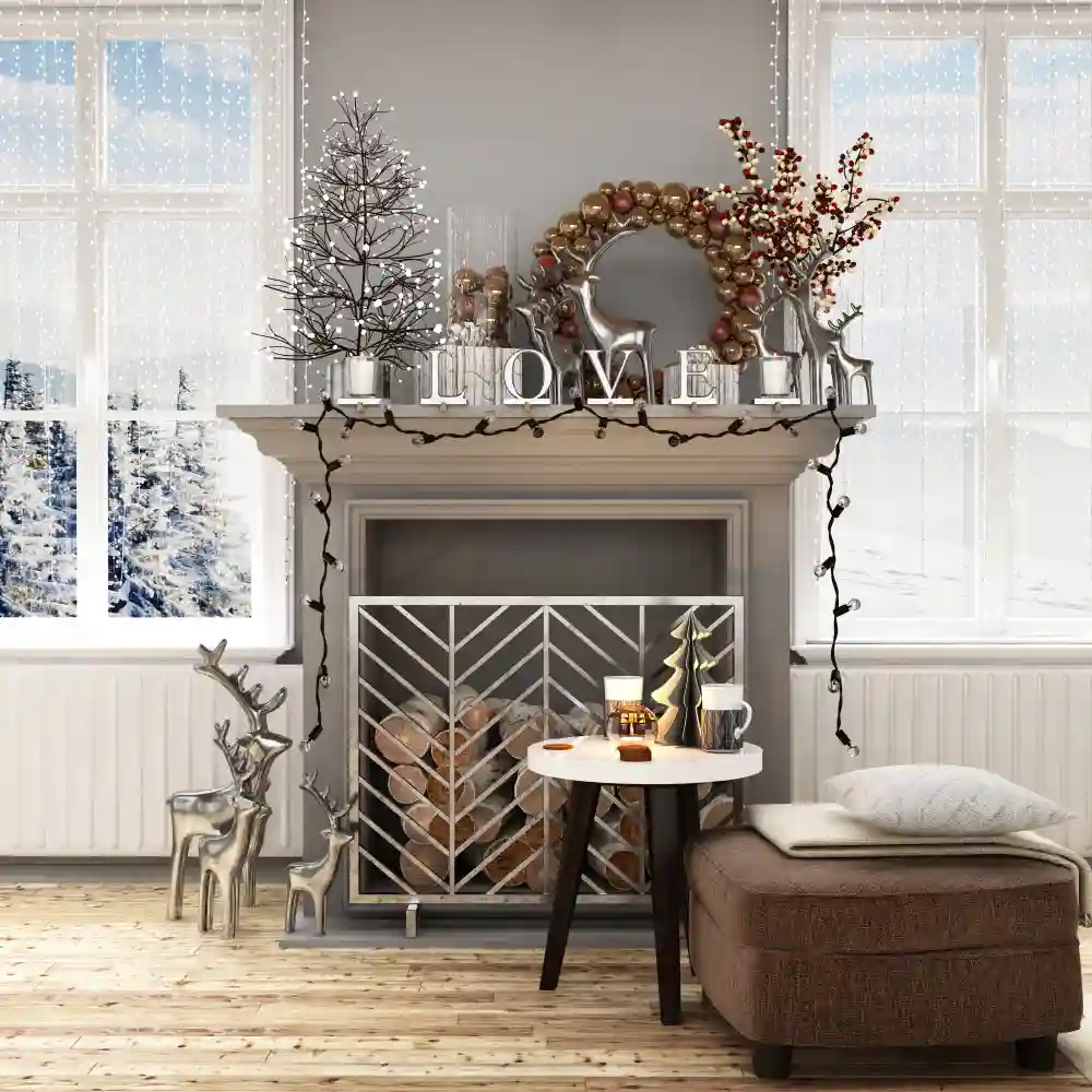 Built-in shelves flanking a fireplace in a warm living room, soft greige paint, brushed brass hardware, and mixed book and ceramic styling