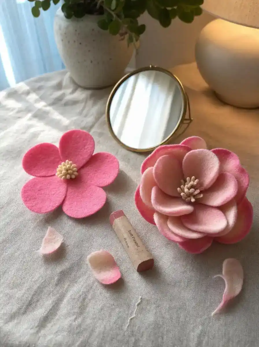 A flat single-layer felt flower beside a shaped, edge-tinted, layered felt bloom for comparison