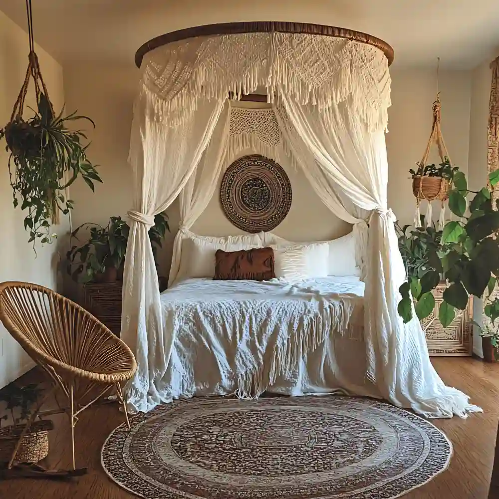 Caramel cane rattan headboard with woven webbing above cream linen bedding and a jute rug