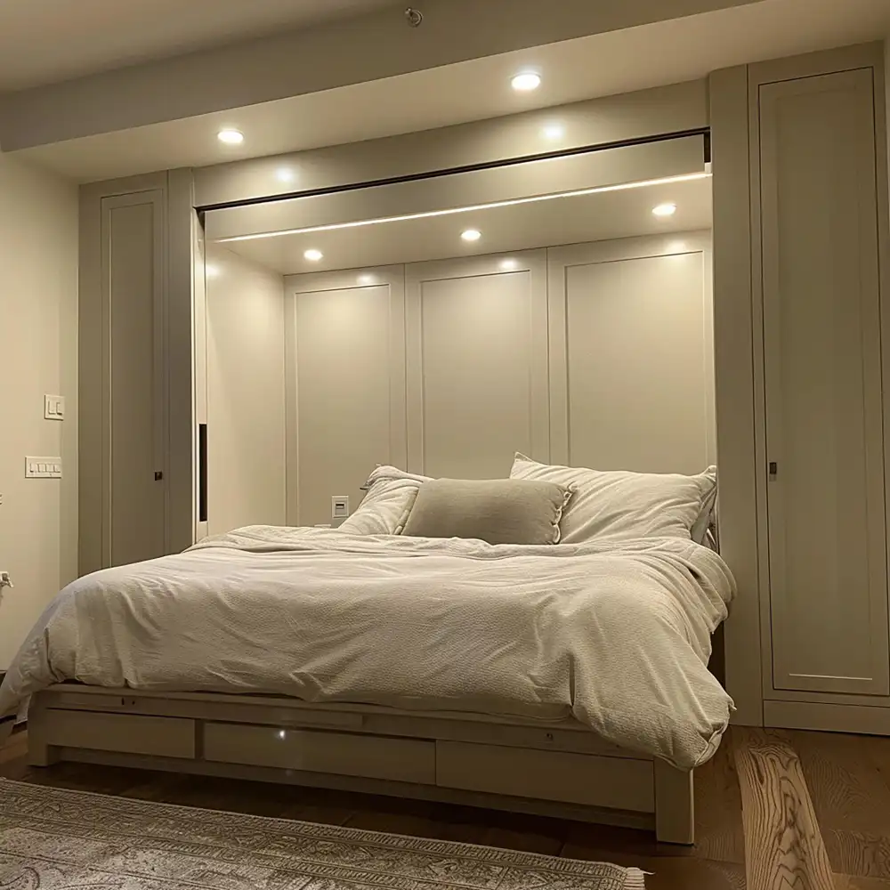 Pair of wall-mounted floating oak shelves at mattress height flanking a studio bed, each holding a lamp and small objects