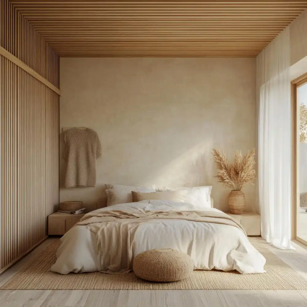 Full-height fluted white oak headboard with reeded vertical grain behind a neutral japandi bed