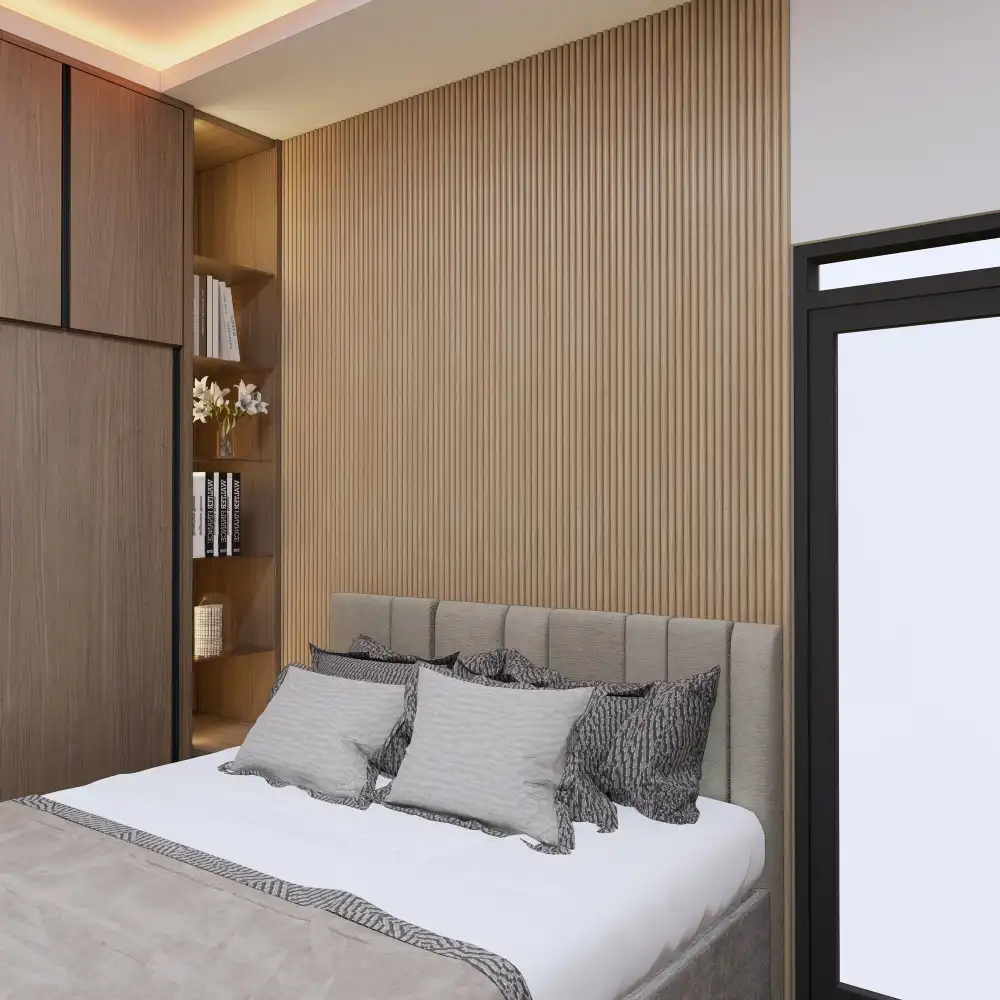 Bedroom accent wall ideas shown as a floor-to-ceiling white oak fluted wood slat wall behind an upholstered bed