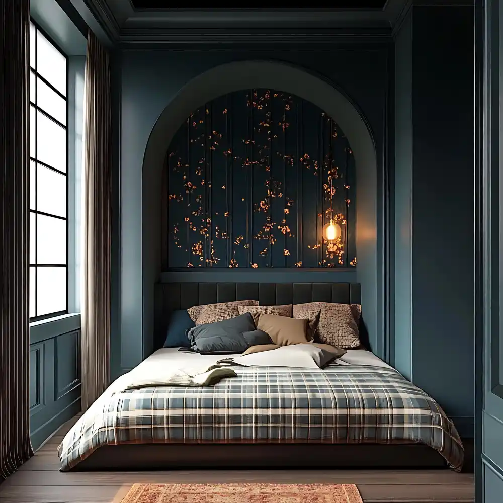 Rich forest green and gold bedroom with a deep green velvet headboard, brass lamps, gold frames, and cream bedding