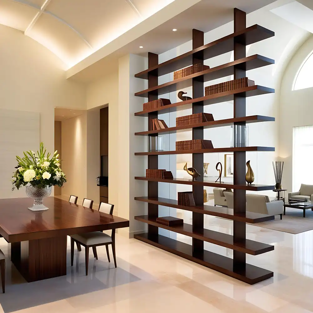 Floor-to-ceiling freestanding oak bookcase styled with books, ceramics, and trailing plants in a rental bedroom
