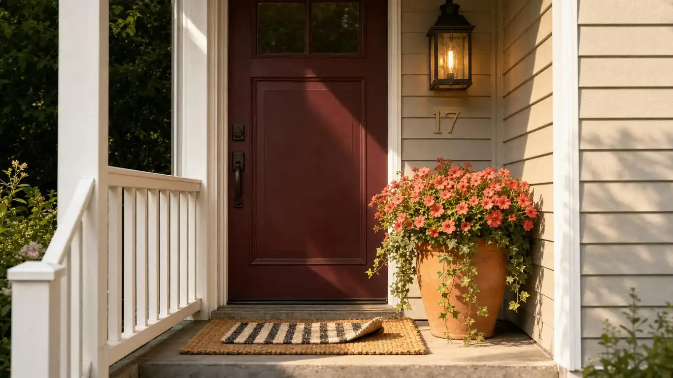 Budget-friendly front porch styled with bistro set, layered doormat, proportional wreath, and string lights