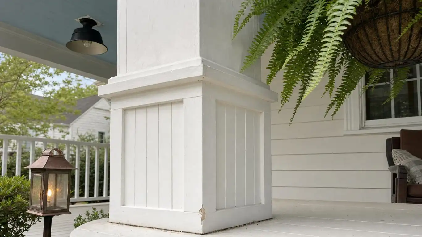 Porch column base with white board-and-batten paneling and haint blue ceiling detail above