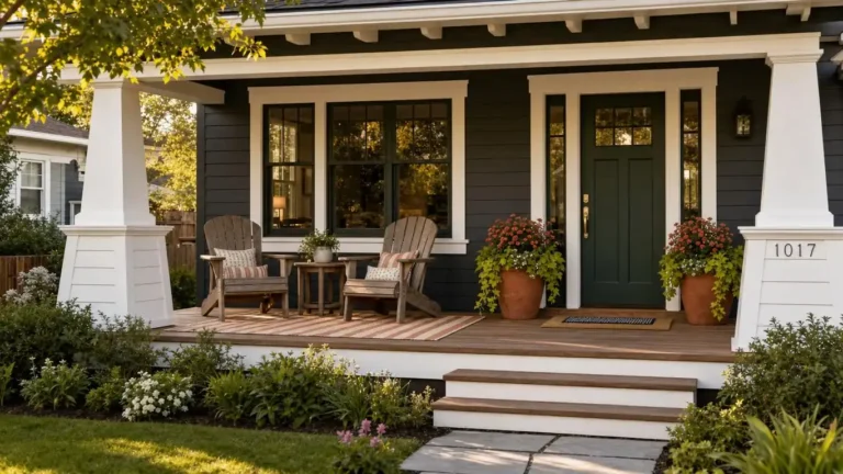 Welcoming front porch with matte black lantern, two large terracotta planters, Adirondack chairs, and outdoor rug