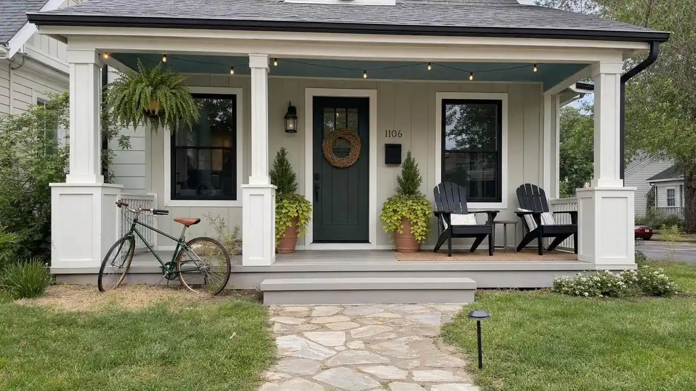 Wide front porch view with layered outdoor rug, Boston fern hanging basket, and two flanking cedar planters