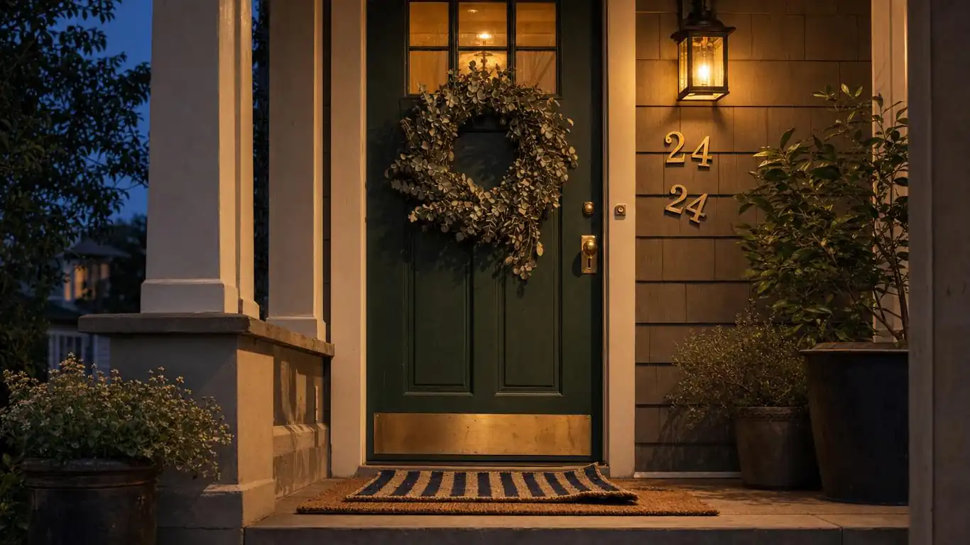 Close-up of a matte black porch lantern with warm amber 2700K glow on a craftsman-style front door entry