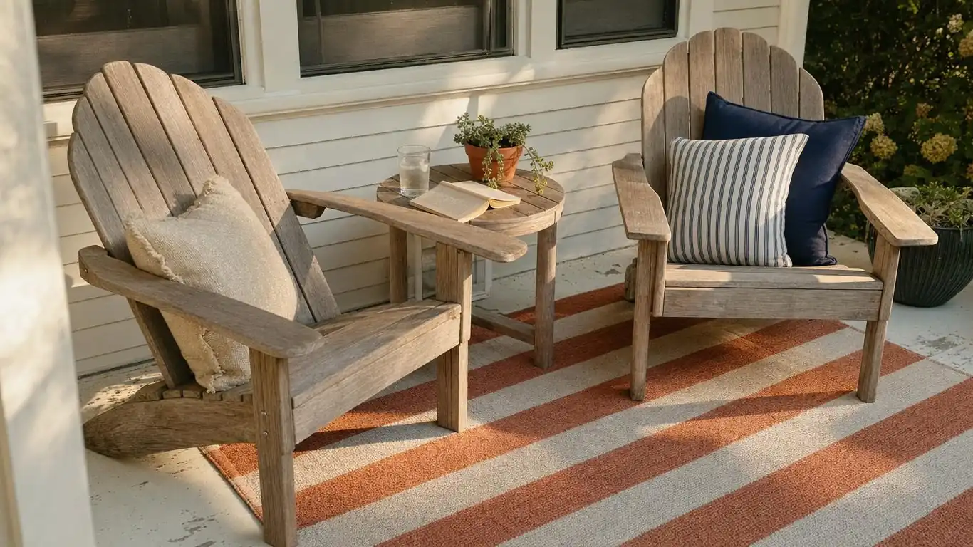 Front porch seating vignette with two polywood Adirondack chairs, small side table, and ceramic planter