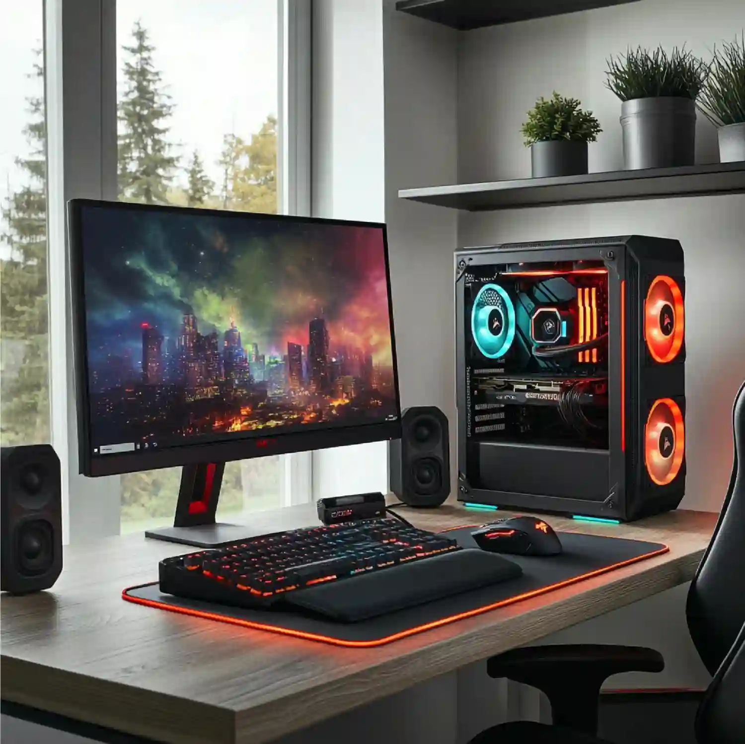 Close-up of gaming desk with monitor arm, mechanical keyboard, and bias lighting at 6500K behind the monitor