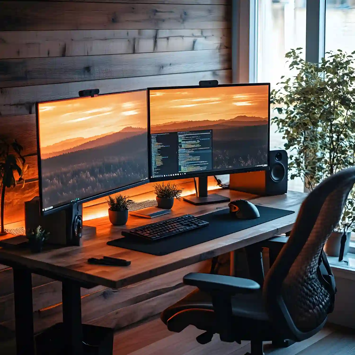 Gaming man cave with dual monitor desk setup, matte black shelving, and LED accent strip lighting behind screens