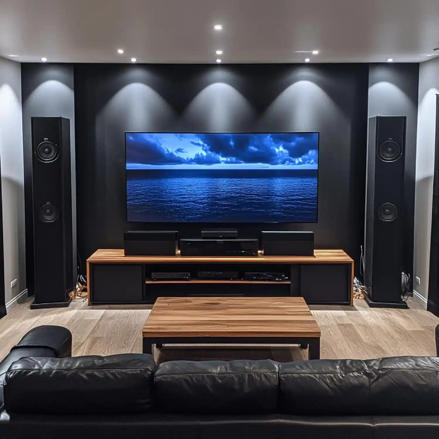 Converted garage man cave with epoxy floor, wall-mounted TV, and mini-split unit above the workbench