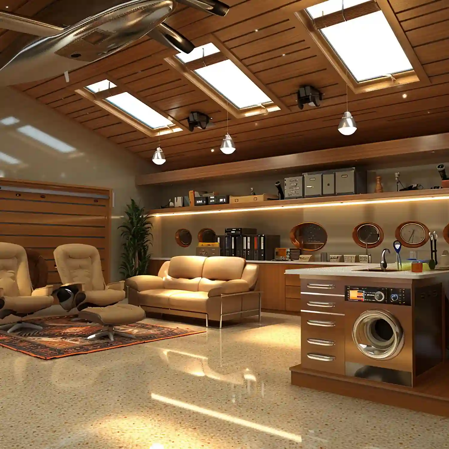 Garden shed man cave with insulated walls, a compact sofa, mini fridge, and wall-mounted flat screen TV