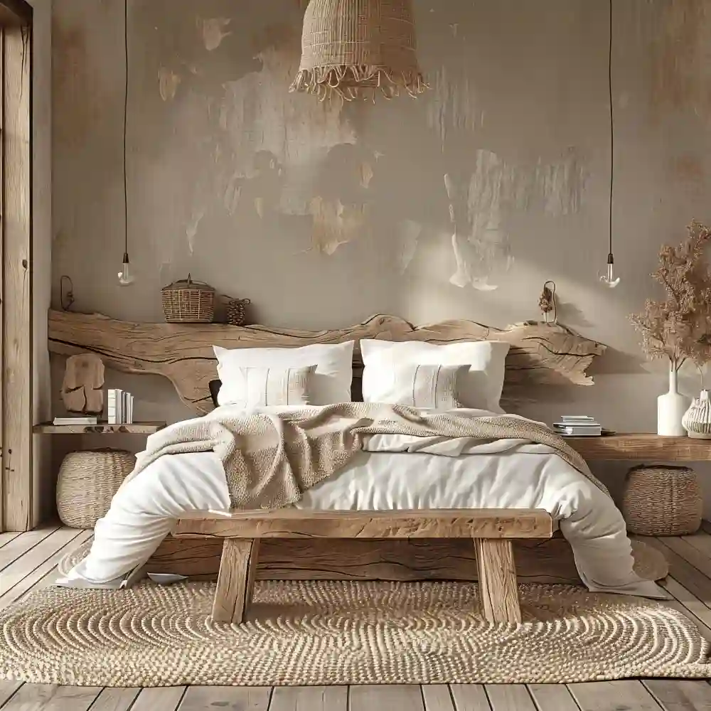 Grasscloth wallpaper wall behind a bed in warm oatmeal tone with cane headboard and linen bedding