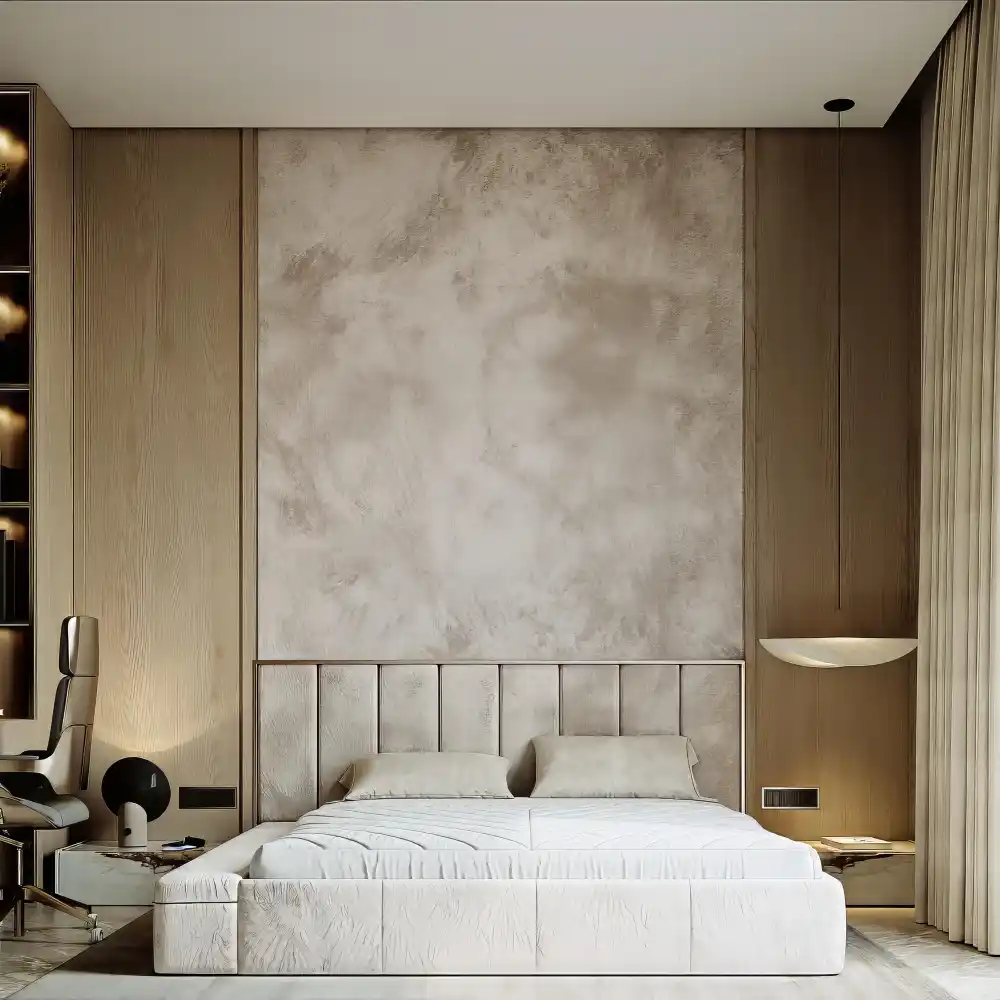 Greige Walls With a Linen Upholstered Headboard