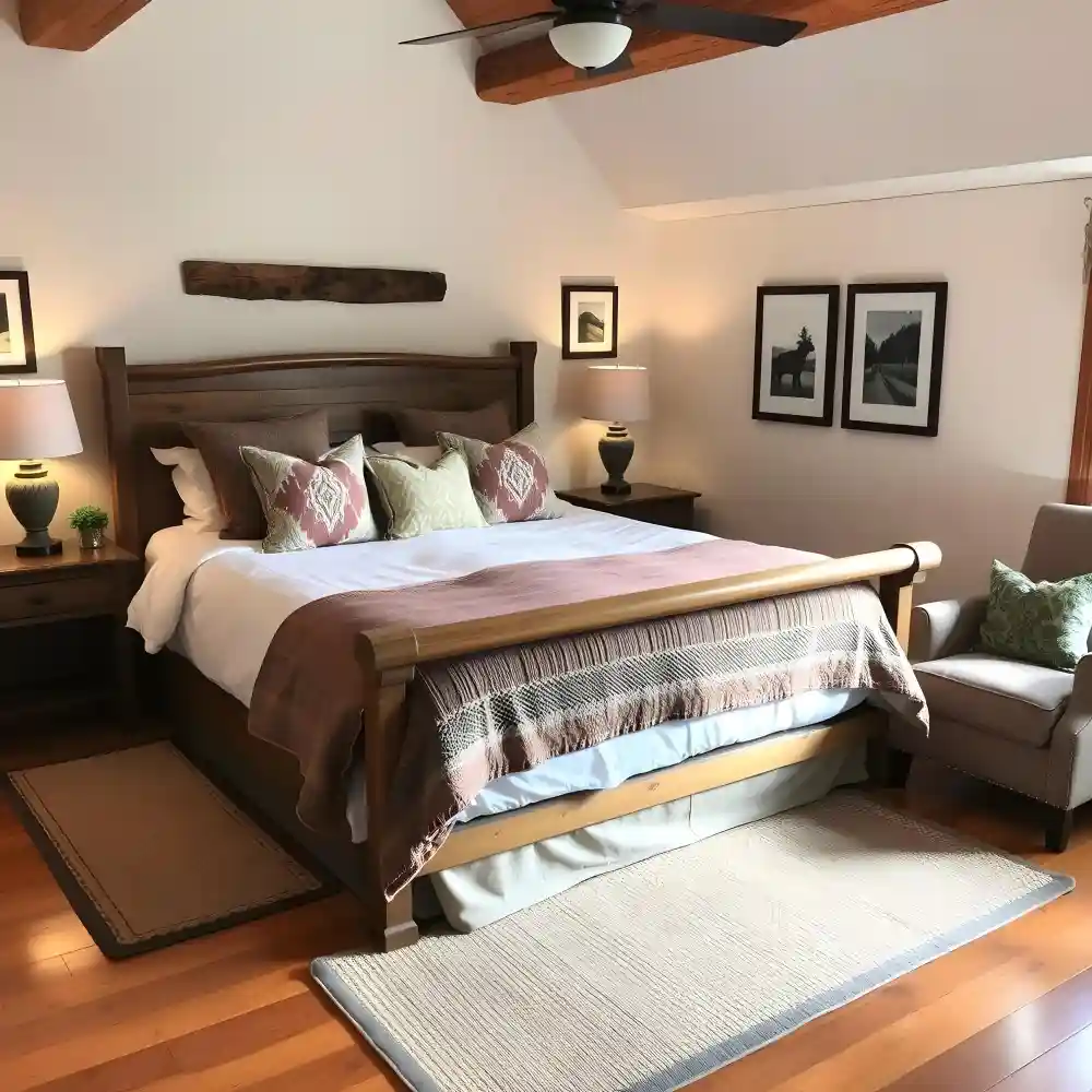 Welcoming guest bedroom with layered bedding, luggage bench, water carafe, empty hangers, and reading lamp