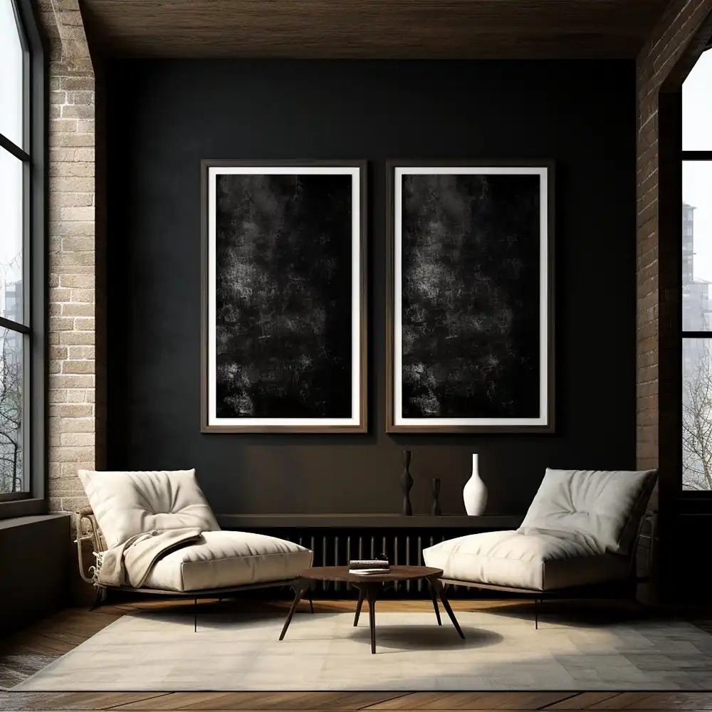 Half-black painted wall with black on the lower half and warm neutral above plus a picture ledge