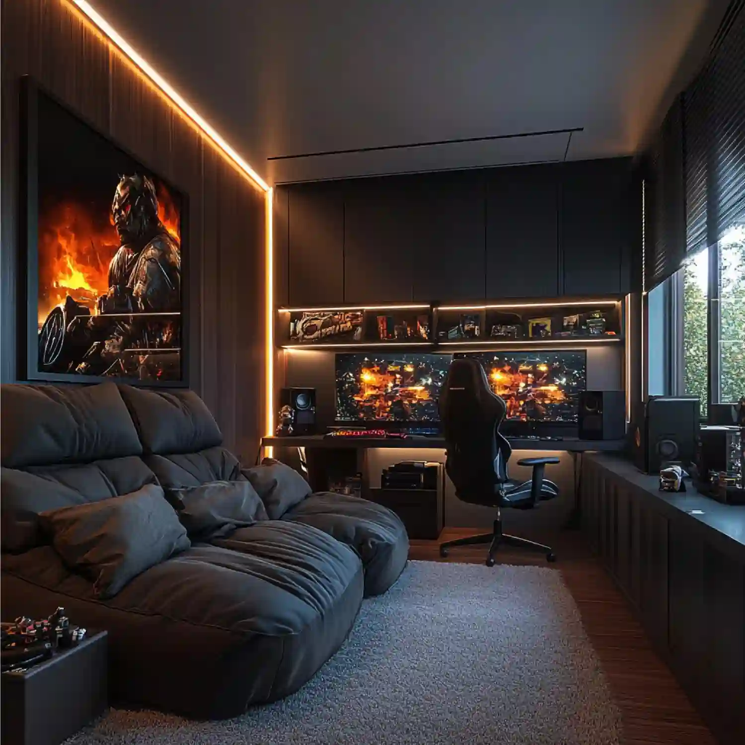 Home office man cave with a desk zone on one wall and a leather accent chair with bar cart on the opposite side