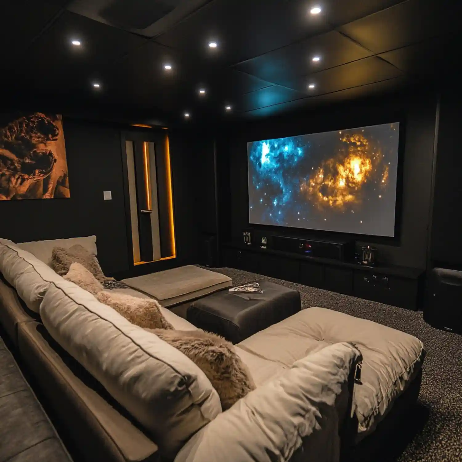 Dedicated home theater man cave with 100-inch projector screen, two rows of leather recliners, and dark charcoal walls